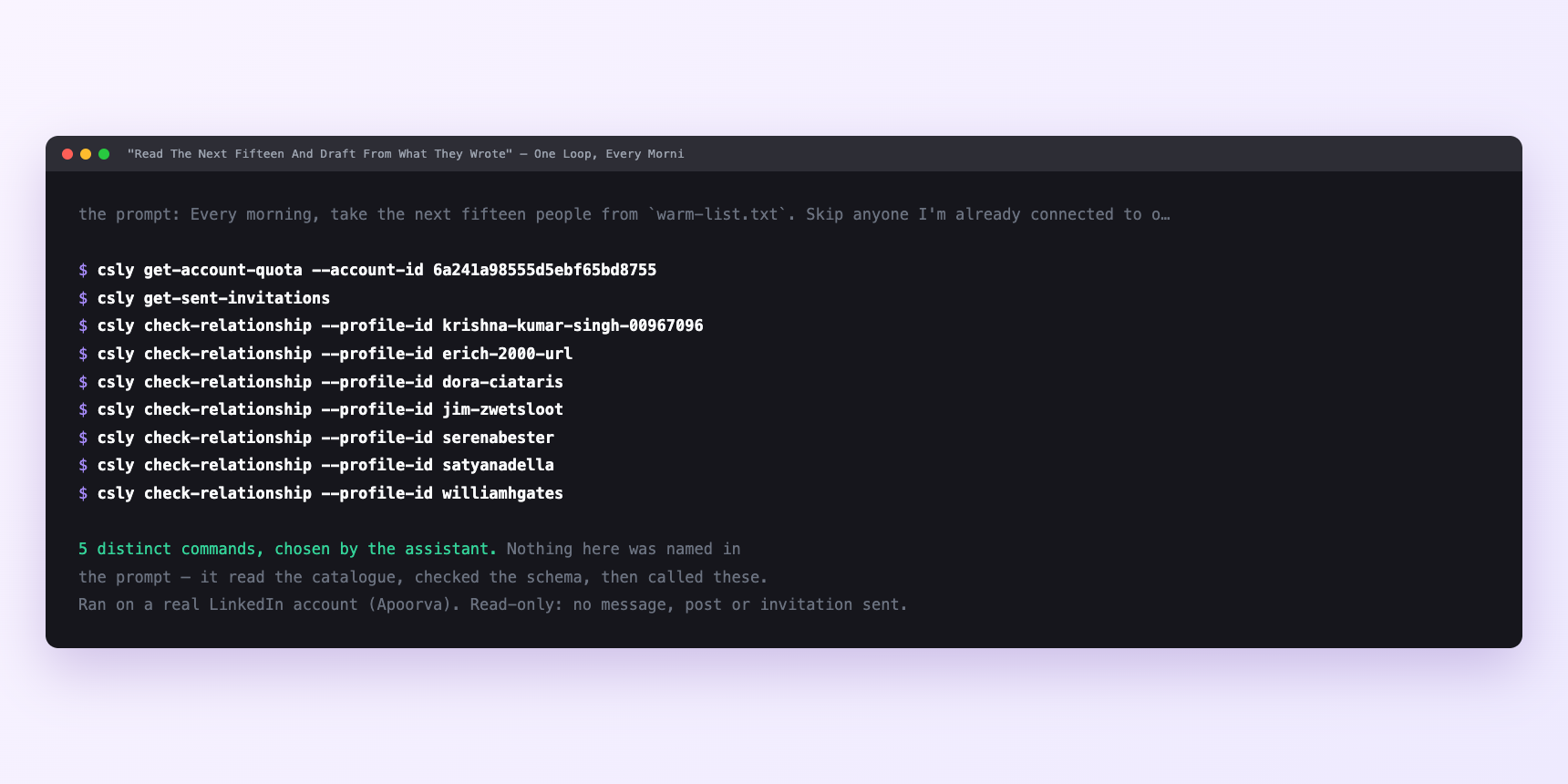Terminal showing the commands an assistant called for "Read The Next Fifteen And Draft From What They Wrote"