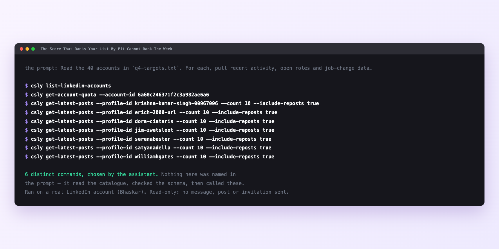 Terminal showing the commands an assistant called for The Score That Ranks Your List By Fit Cannot Rank The Week