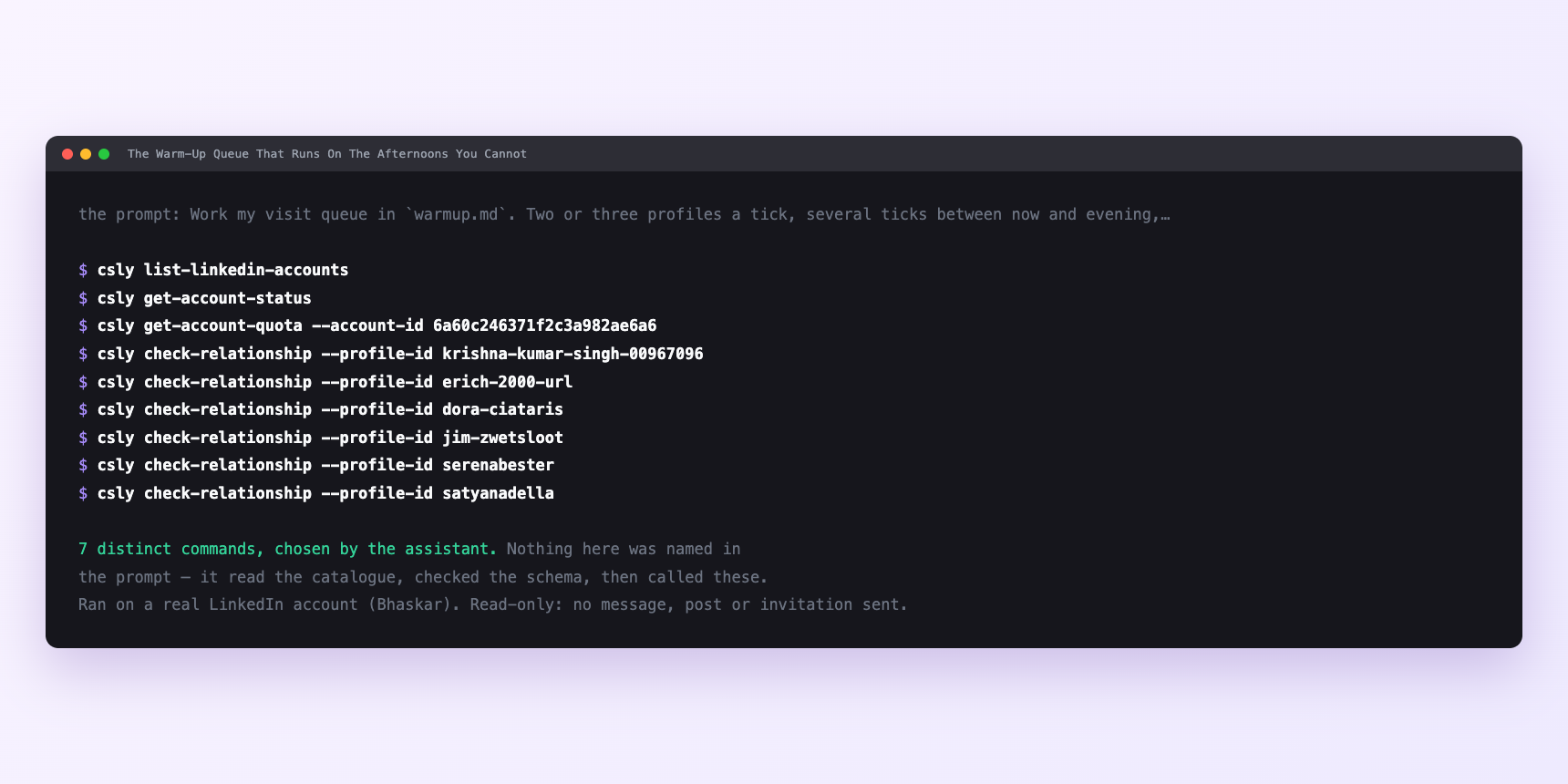 Terminal showing the commands an assistant called for The Warm-Up Queue That Runs On The Afternoons You Cannot