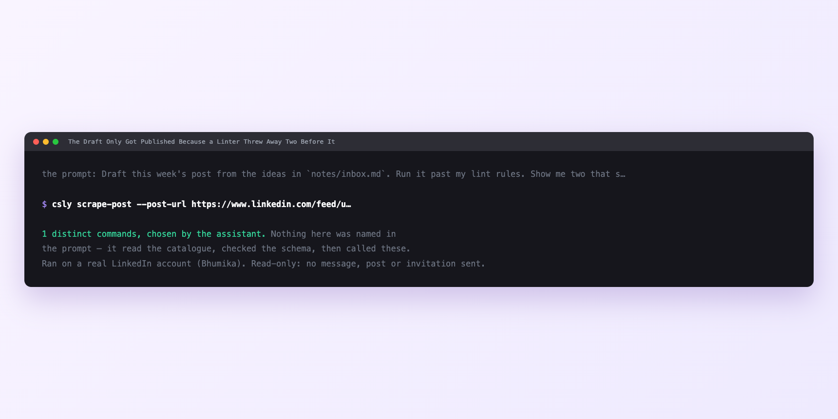 Terminal showing the commands an assistant called for The Draft Only Got Published Because a Linter Threw Away Two Before It