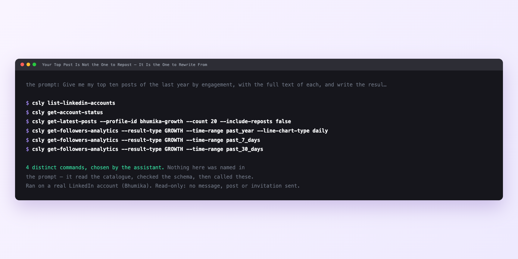Terminal showing the commands an assistant called for Your Top Post Is Not the One to Repost