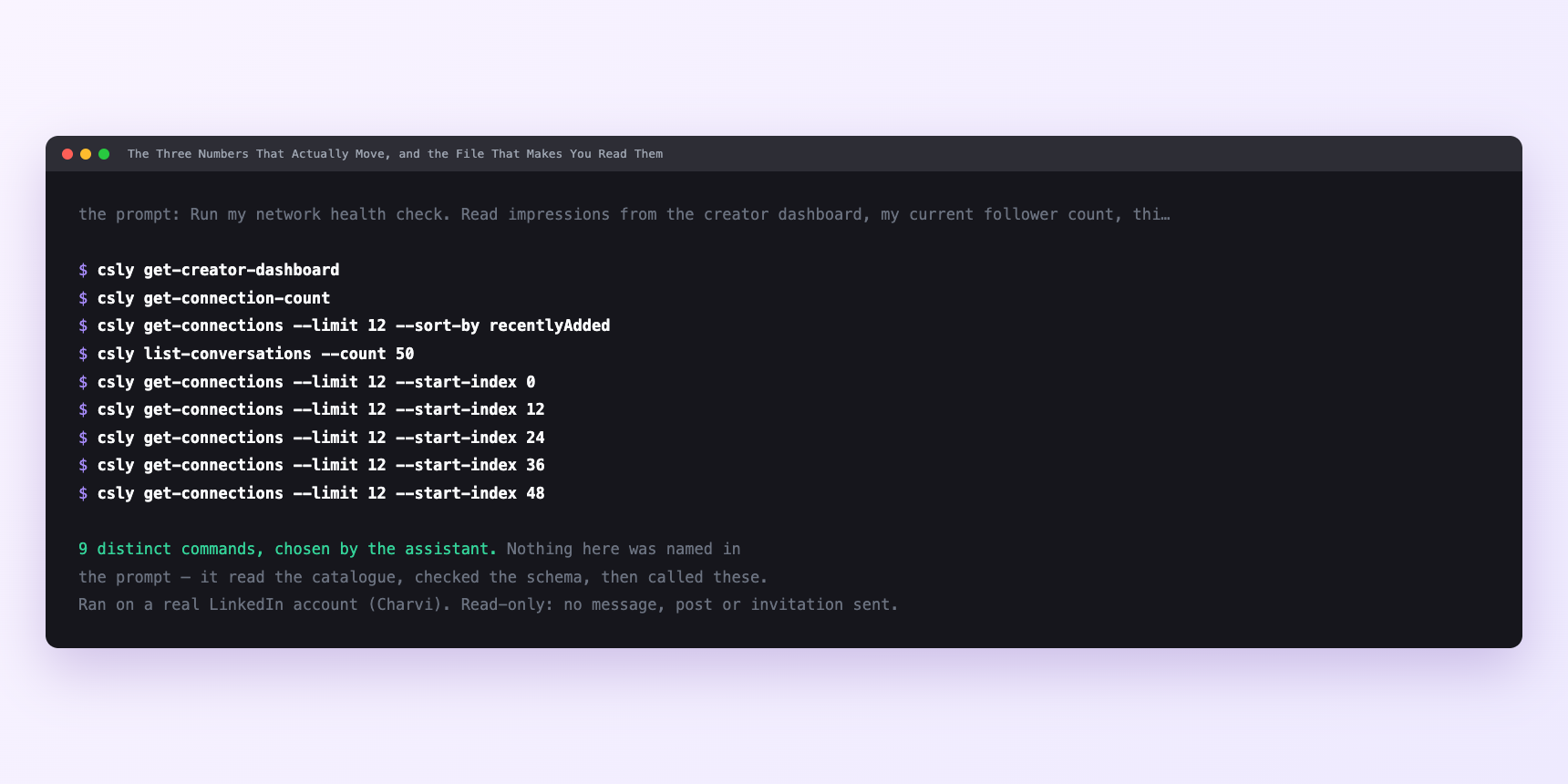 Terminal showing the commands an assistant called for The Three Numbers That Actually Move, and the File That Makes You Read Them