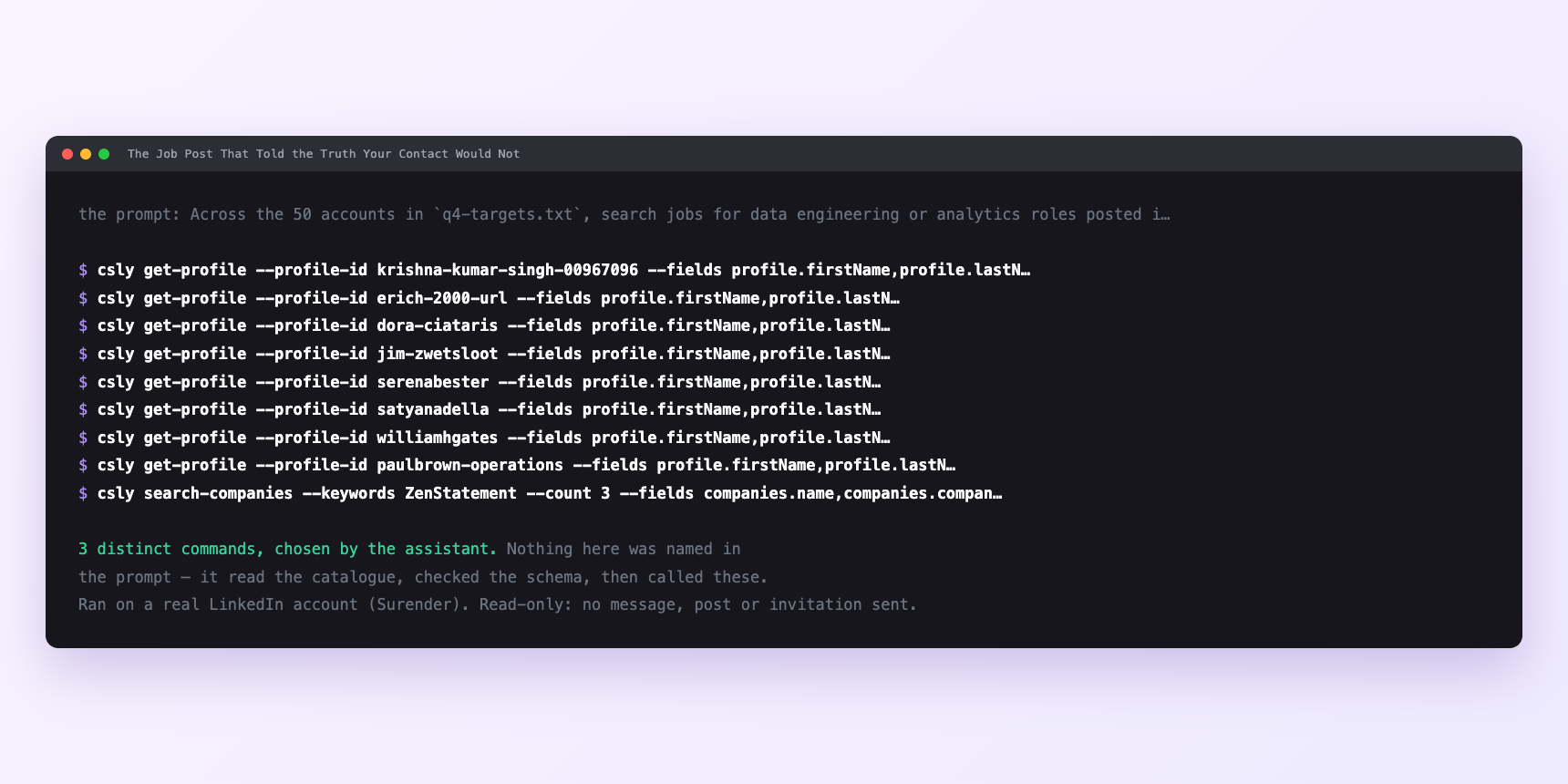 Terminal showing the commands an assistant called for The Job Post That Told the Truth Your Contact Would Not