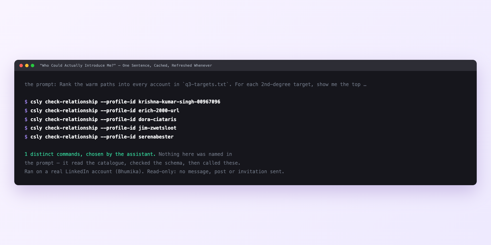 Terminal showing the commands an assistant called for "Who Could Actually Introduce Me?"