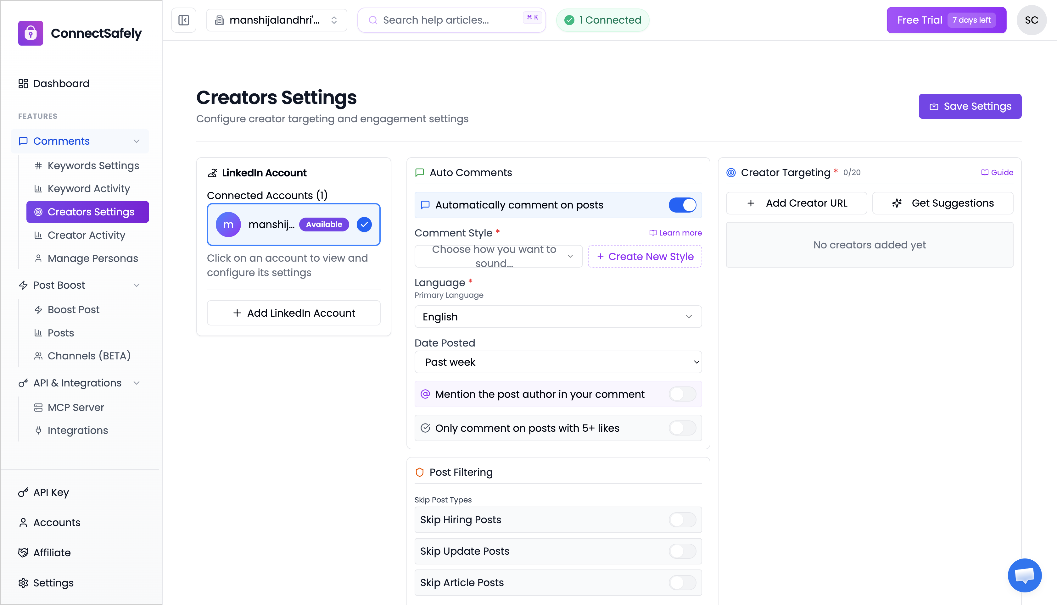 Creator Settings interface showing configuration options