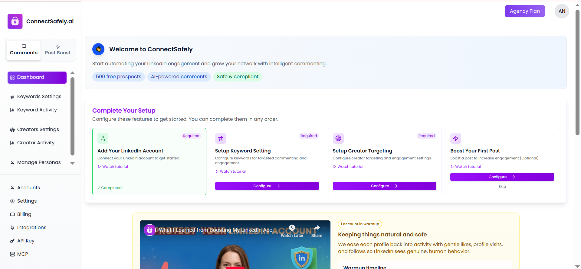 ConnectSafely Dashboard showing setup steps, navigation, and account status