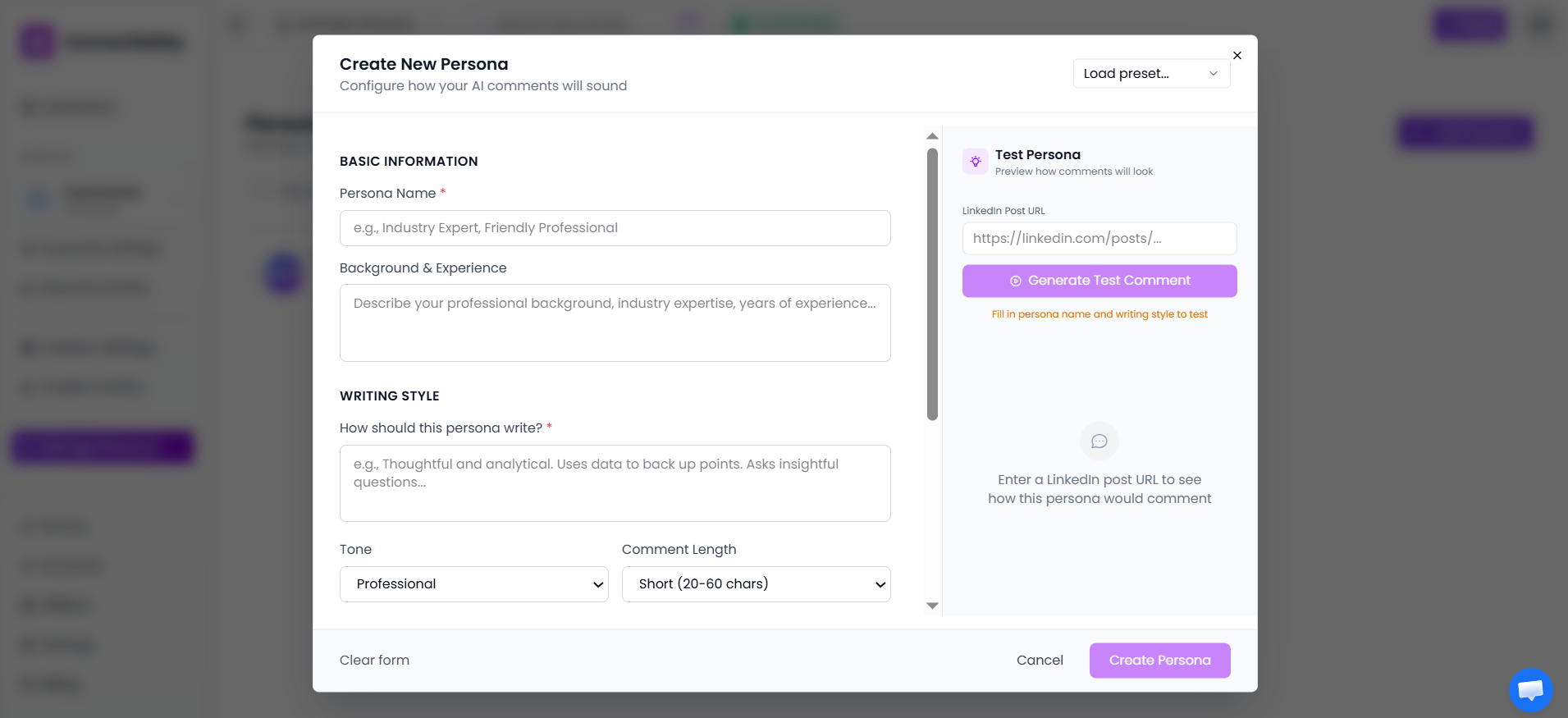 Personas interface showing configuration options